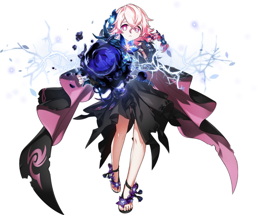 alternate_costume alternate_hairstyle black_dress braid branch cape daydreamer_(elsword) dress elbow_gloves elsword female fingerless_gloves flower full_body gloves hair_between_eyes laby_(elsword) nisha_(elsword) official_art pink_eyes pink_hair plant solo transparent_background