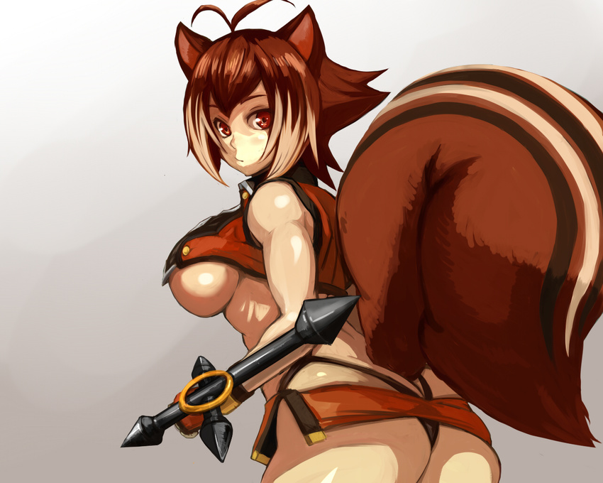 animal_ears antenna_hair ass black_panties blazblue breasts brown_eyes brown_hair commentary_request crop_top female fingerless_gloves gloves highleg highleg_panties large_breasts large_tail looking_at_viewer looking_back makoto_nanaya microskirt multicolored_hair nejime_(nejimeinu) orange_skirt panties revealing_clothes short_hair side_slit sideboob skirt solo squirrel_ears squirrel_girl squirrel_tail tail tonfa two-tone_hair underboob underwear weapon