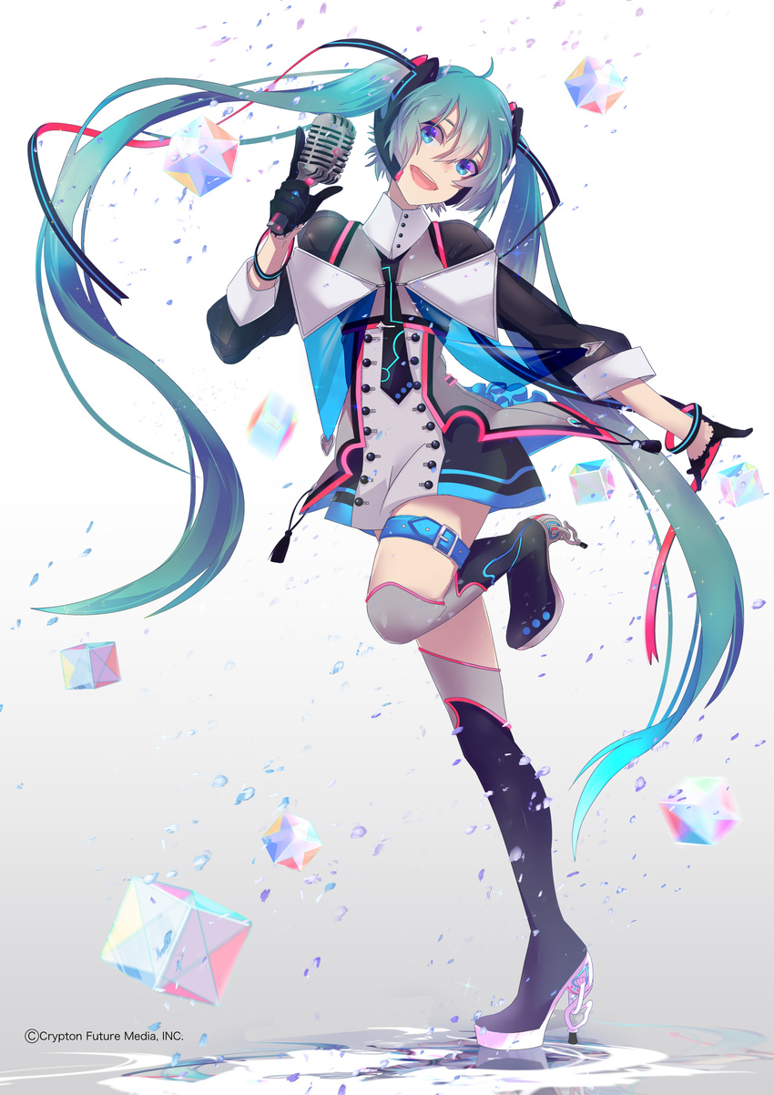 absurdres aqua_eyes aqua_hair bad_id bad_pixiv_id female gloves hand_in_hand_(vocaloid) hatsune_miku high_heels highres hoshima long_hair magical_mirai_(vocaloid) magical_mirai_miku magical_mirai_miku_(2015) microphone open_mouth reflection ribbon smile solo thigh_strap thighhighs twintails very_long_hair vocaloid