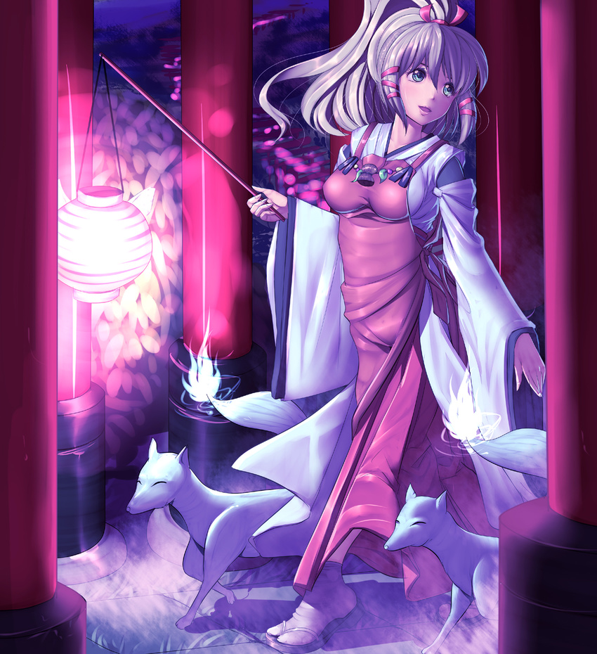 blue_eyes commentary_request female fox harihisa highres inari_konkon_koi_iroha. japanese_clothes long_hair miko photoshop_(medium) purple_hair roro_(inakon) shishi_(inakon) solo uka-no-mitama-no-kami_(inakon)