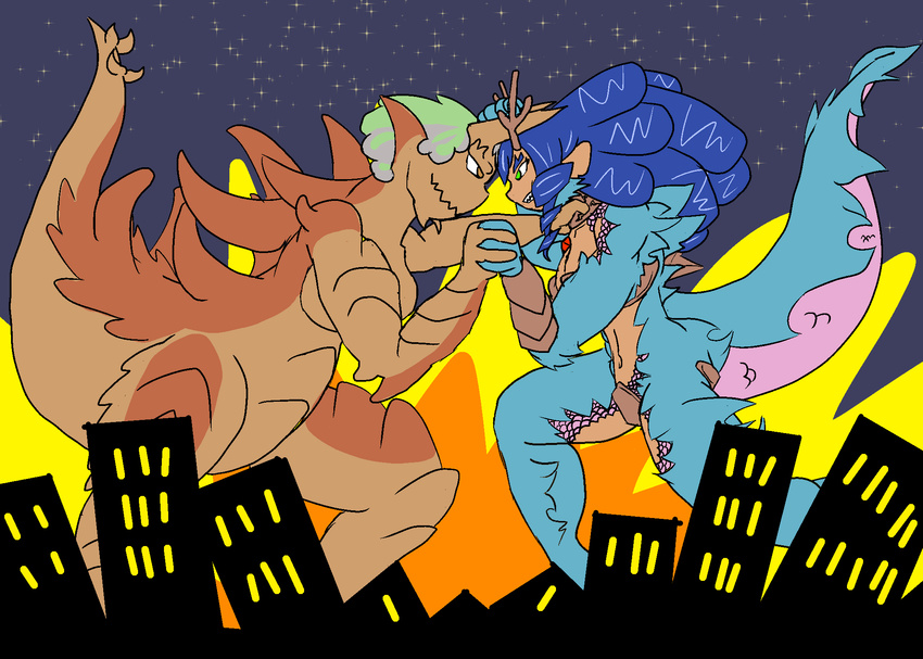 2015 animal_humanoid anthro antlers blue_eyes brown_eyes city cityscape claws clenched_teeth digital_media_(artwork) dragon dragon_humanoid duo eldritch_abomination eye_contact female fight fur hair hi_res horn humanoid kaiju landscape_dwarfing looking_at_another macro multicolored_hair mythological_creature mythological_scalie mythology navel night outside scalie tail tarrasque tartaurus teeth