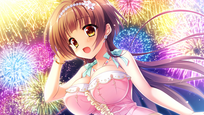 :d arisue_tsukasa bare_shoulders blush bracelet breasts brown_hair earrings female fireworks floral_flowlove flower_earrings frills game_cg jewelry large_breasts long_hair necklace night open_mouth outdoors pink_shirt shirt sky smile solo tiara tsubaki_kohane very_long_hair yellow_eyes