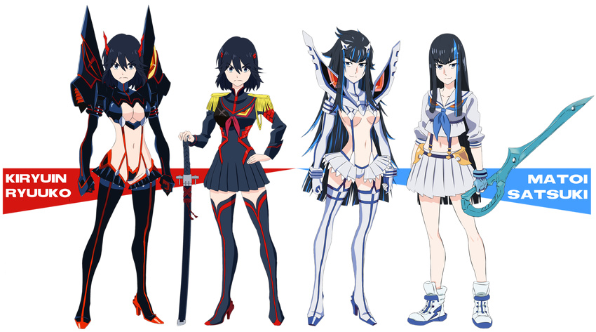 absurdres black_hair blue_eyes blue_hair boots breasts character_name crop_top elbow_gloves eyebrows female fingerless_gloves gloves hairpods high_heel_boots high_heels highlights highres junketsu kill_la_kill kiryuuin_satsuki long_hair matoi_ryuuko messy_hair midriff multicolored_hair not_a_hazard pleated_skirt revealing_clothes reverse_grip role_reversal school_uniform scissor_blade senketsu serafuku shoes single_glove skirt smile sneakers solo suspenders thick_eyebrows thigh_boots thighhighs two-tone_hair underboob what_if