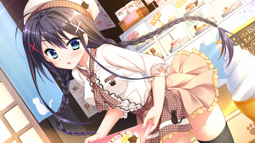 :o ahoge apron bakery black_hair black_thighhighs blue_eyes blush cake checkered_apron checkered_clothes checkered_necktie dutch_angle female floral_flowlove food frilled_shirt frilled_skirt frilled_sleeves frills game_cg hair_ornament hat leaning_forward long_hair looking_at_viewer necktie paw_print shirt shop skirt solo thighhighs tokisaka_nanao toranosuke tray very_long_hair waist_apron waitress x_hair_ornament