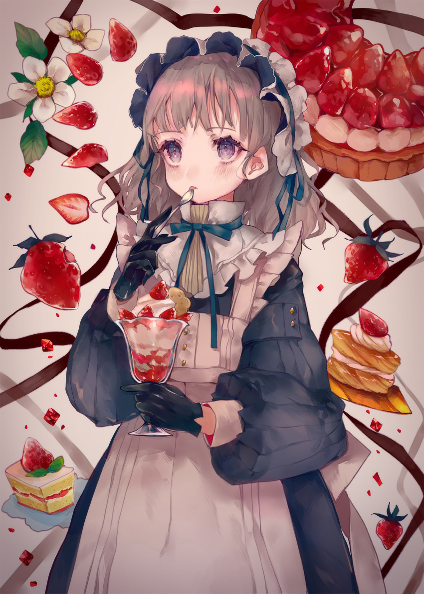 apron black_gloves blue_dress brown_eyes brown_hair brown_ribbon cake cake_slice cha_goma commentary_request cup dress female flower food fruit fruit_tart gloves highres holding holding_cup holding_spoon licking long_hair long_sleeves maid original parfait puffy_long_sleeves puffy_sleeves ribbon solo spoon strawberry strawberry_blossoms strawberry_parfait strawberry_shortcake strawberry_tart tart_(food) tongue tongue_out white_apron white_flower