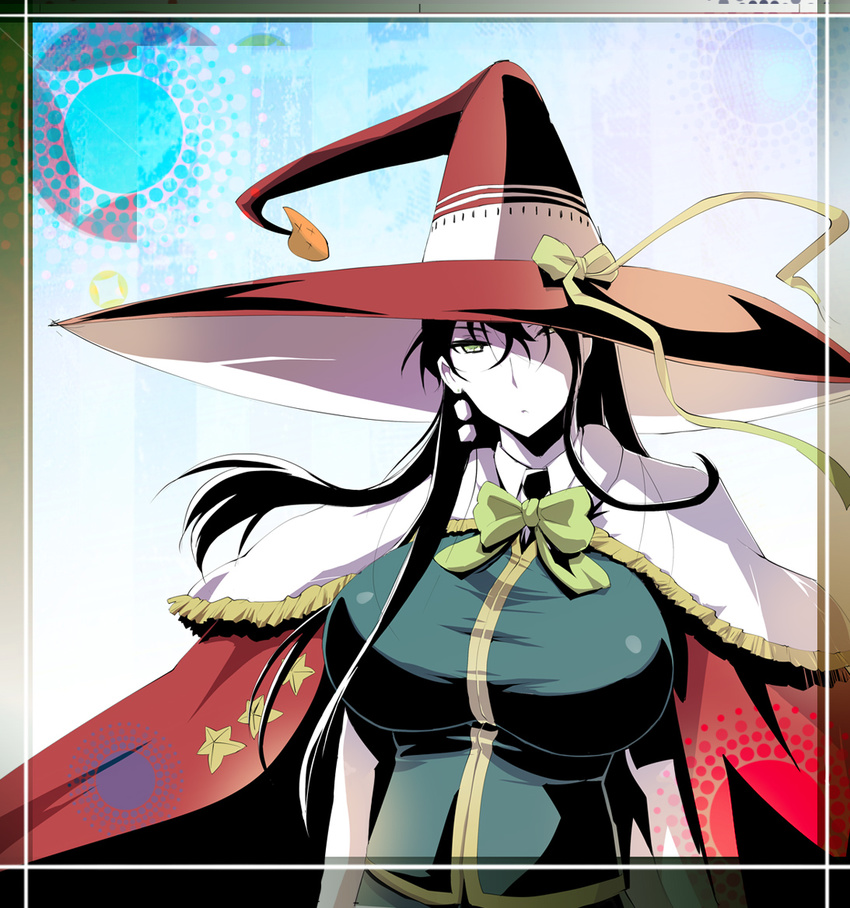 black_hair breasts cape commentary_request female green_eyes hat_over_one_eye kagari_ayaka large_breasts long_hair looking_at_viewer photoshop_(medium) solo witch_craft_works yunioshi