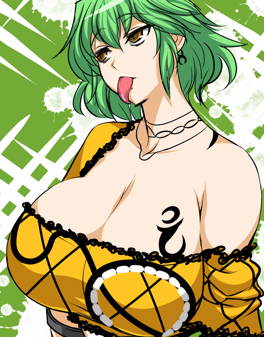 bare_shoulders breasts brown_eyes cleavage commentary_request female ginnyo green_hair highres hikage_(senran_kagura) huge_breasts senran_kagura senran_kagura_shoujo-tachi_no_shin'ei short_hair tattoo tongue tongue_out upper_body