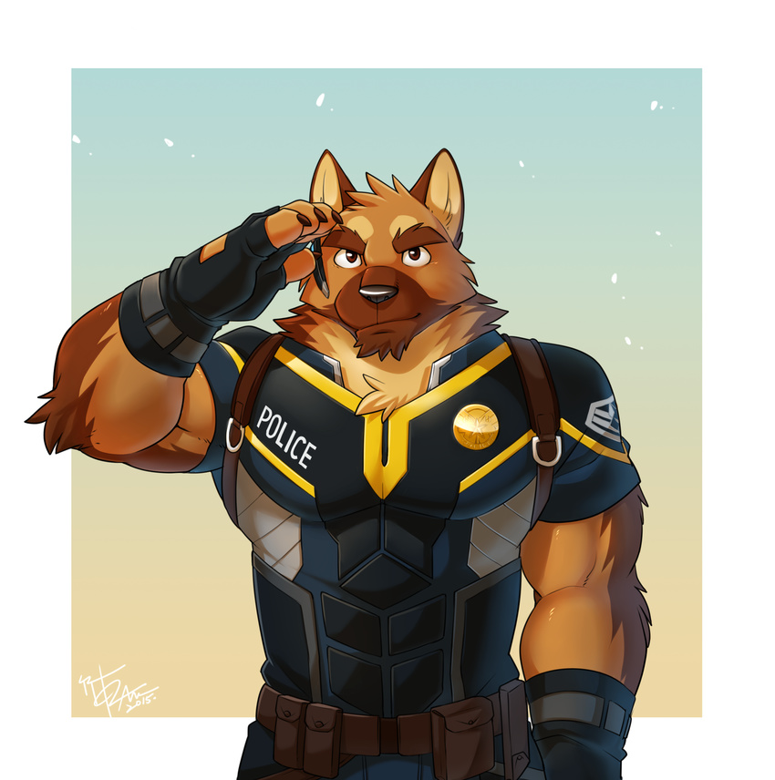 2015 anthro arm_tuft belt biceps big_muscles black_nose brown_body brown_eyes brown_fur canid canine canis chest_tuft claws clothed clothing countershading domestic_dog elbow_tuft fingerless_gloves fully_clothed fur german_shepherd gesture gloves handwear herding_dog hi_res looking_at_viewer male mammal muscular muscular_anthro muscular_male neck_tuft officer_benson pastoral_dog pecs police salute solo takemoto_arashi triceps tuft uniform utility_belt