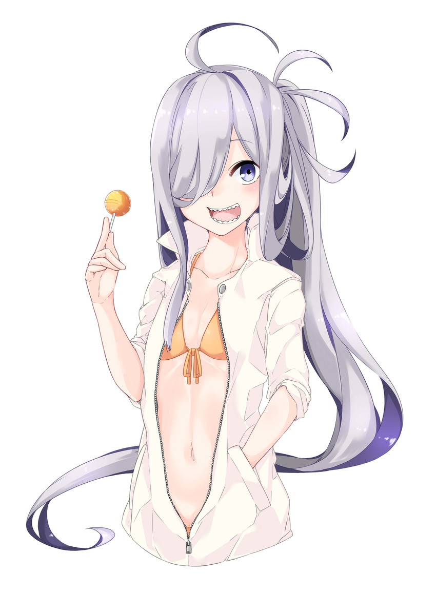 absurdres asashimo_(kancolle) bikini blue_eyes candy collarbone commentary_request female food front-tie_bikini_top front-tie_top grey_hair hair_over_one_eye halterneck hand_in_pocket highres holding jacket kantai_collection kirishina_(raindrop-050928) lollipop long_hair looking_at_viewer navel open_mouth orange_bikini photoshop_(medium) ponytail sharp_teeth simple_background smile solo swimsuit teeth unzipped upper_body very_long_hair white_background white_jacket