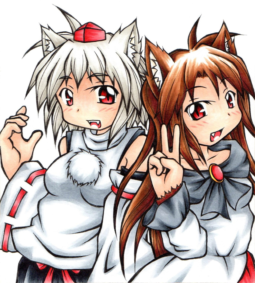 2girls animal_ears bare_shoulders blush breasts brown_hair commentary_request detached_sleeves happy hat highres imaizumi_kagerou inte_(whitewolftail) inubashiri_momiji long_hair looking_at_viewer medium_breasts multiple_girls oerba_yun_fang open_mouth red_eyes short_hair tokin_hat touhou v white_hair wolf_ears