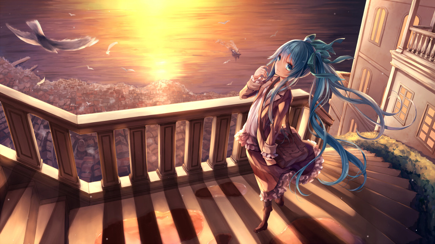 bag bird blue_hair boots cityscape commentary_request feathers female hair_ribbon hatsune_miku long_hair outdoors railing ribbon skirt solo stairs sunset tamaki_iori very_long_hair vocaloid water