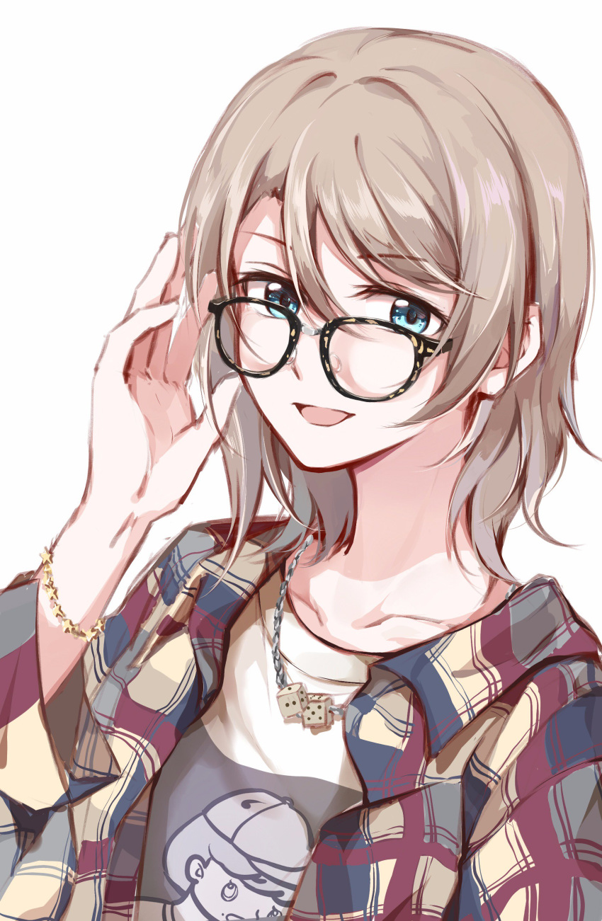 absurdres black-framed_eyewear blue_eyes bracelet brown_hair casual checkered commentary_request female gemi_25 glasses grey_hair highres jewelry looking_at_viewer love_live! love_live!_sunshine!! necklace open_mouth shirt short_hair smile solo t-shirt upper_body watanabe_you white_background