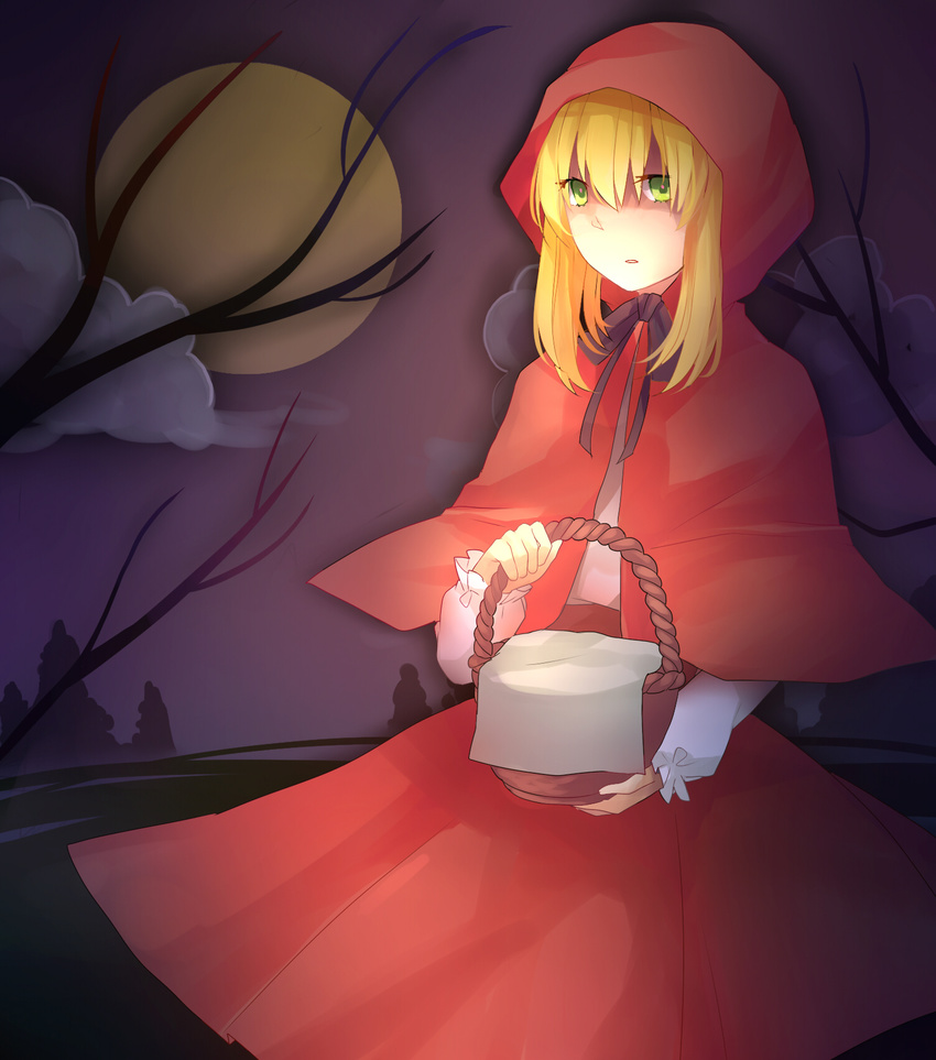 akazukin_(akazukin_ds) akazukin_darkside basket blonde_hair cloud commentary_request female green_eyes highres hood hoodie little_red_riding_hood little_red_riding_hood_(grimm) looking_at_viewer mary_(14476764) moon open_mouth sidelocks solo