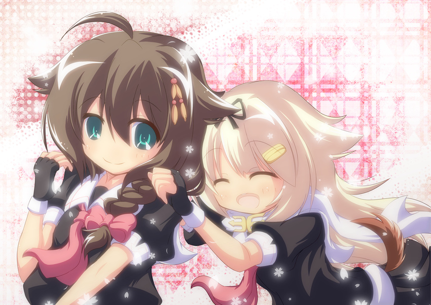 2girls ^_^ aqua_eyes blonde_hair braid brown_hair closed_eyes commentary_request dog_tail fingerless_gloves gloves hair_flaps kantai_collection kemonomimi_mode long_hair multiple_girls neckerchief nullpooo open_mouth red_neckerchief shigure_(kancolle) shigure_kai_ni_(kancolle) single_braid skirt skirt_set smile tail yuudachi_(kancolle) yuudachi_kai_ni_(kancolle)