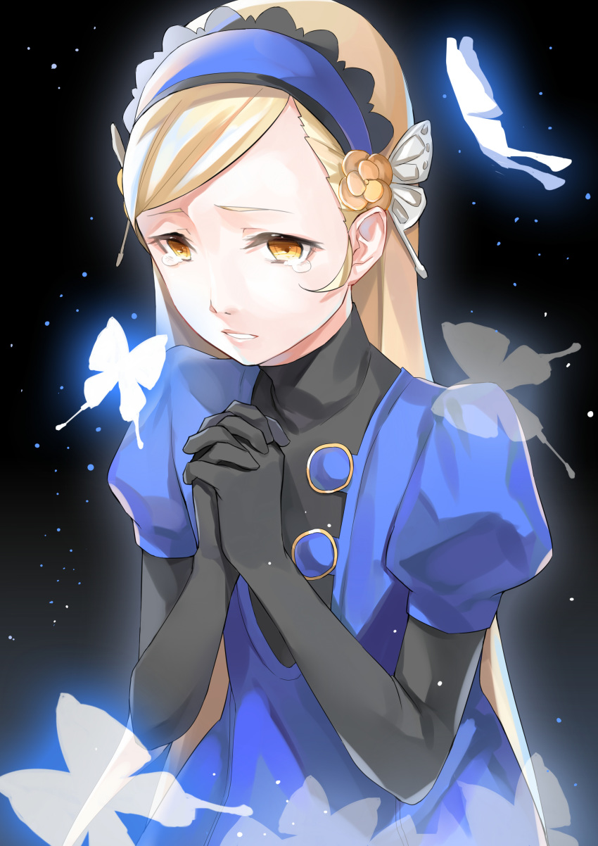 absurdres black_background black_gloves blonde_hair blue_hairband butterfly_hair_ornament commentary_request elbow_gloves female gloves hair_ornament hairband highres lavenza_(persona_5) long_hair own_hands_clasped own_hands_together parted_bangs parted_lips persona persona_5 short_sleeves solo tears upper_body very_long_hair yellow_eyes yft000