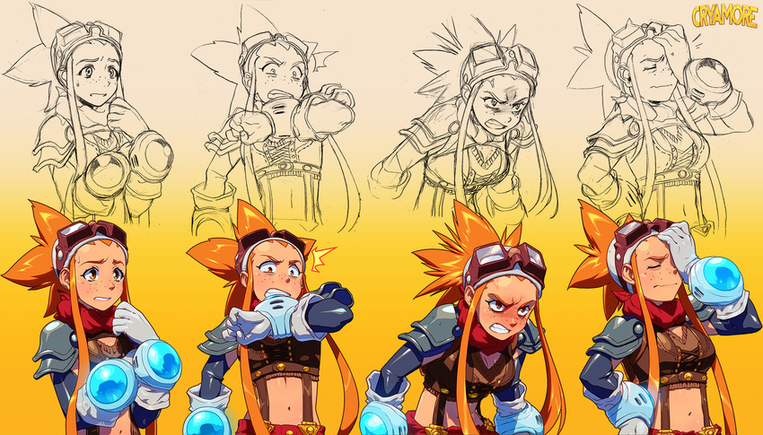 ^^^ angry armor blush breasts commentary_request cryamore cryamore_condenser detached_sleeves duplicate esmyrelda_maximus expressions facepalm female freckles gloves goggles goggles_on_head highres long_hair midriff orange_hair pauldrons red_scarf robaato scarf shoulder_armor sidelocks solo spiked_hair suspenders sweatdrop wide-eyed zoom_layer