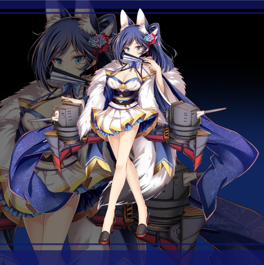 animal_ears azur_lane bare_legs black_footwear blue_eyes blue_hair breasts chinese_commentary cleavage commentary_request covering_own_mouth crossed_legs detached_sleeves female folding_fan full_body hair_ornament hand_fan highres holding holding_fan jianren jintsuu_(azur_lane) large_breasts long_hair long_sleeves looking_at_viewer miniskirt obi official_art ponytail ribbon sash skirt smile solo standing tail wide_sleeves zoom_layer