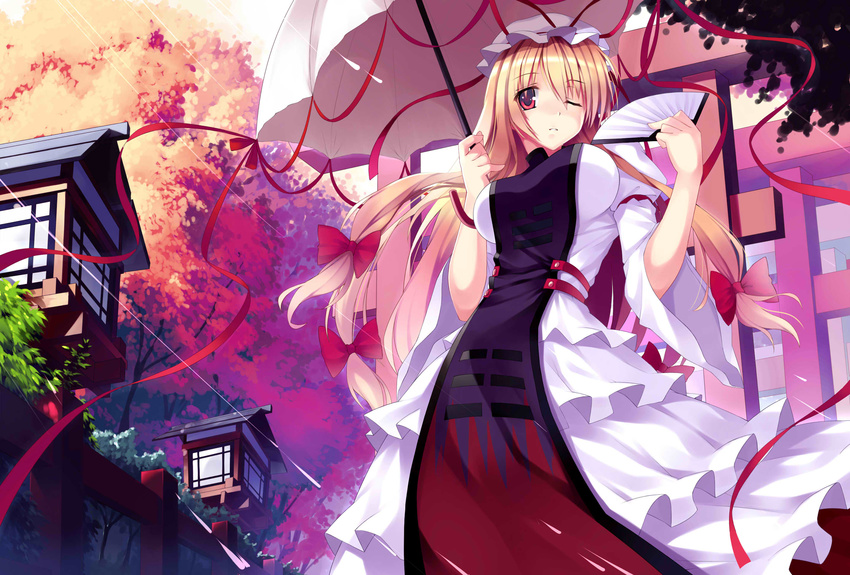 ;) bad_id bad_pixiv_id blonde_hair bow breasts cherry_blossoms dress female folding_fan hairbow hand_fan hat highres lantern large_breasts long_hair long_sleeves multi-tied_hair mushroom_(artist) one_eye_closed parasol red_eyes ribbon smile solo tabard torii touhou umbrella wide_sleeves yakumo_yukari