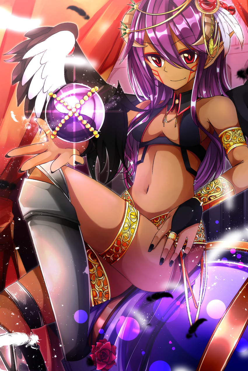 black_wings bloodcatblack breasts commentary_request dark-skinned_female dark_skin female flower highres horns long_hair nail_polish original pointy_ears purple_hair red_eyes rose smile solo wings