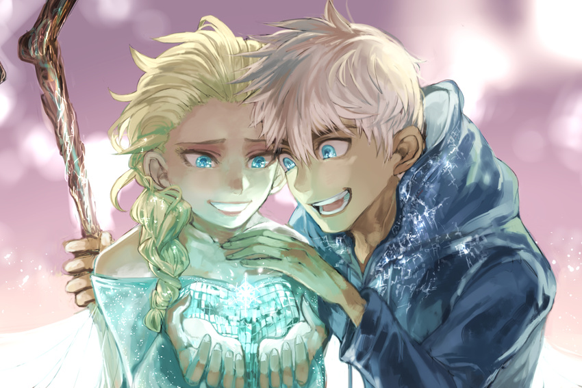 1boy blonde_hair blue_eyes blush commentary_request dress elsa_(frozen) female frozen_(disney) hood hoodie jack_frost_(rise_of_the_guardians) long_hair momomosae rise_of_the_guardians short_hair smile staff white_hair