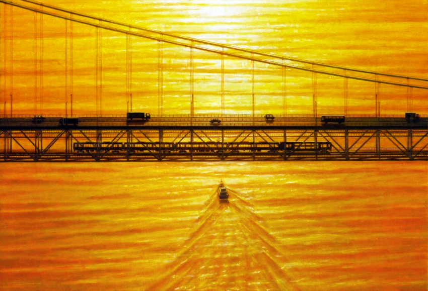 akashi_kaikyou boat bridge bus calligraphy_brush_(medium) car commentary_request motor_vehicle no_humans ocean orange_theme original outdoors scenery semi_truck silhouette sunlight sunset trailer train truck wake watercraft