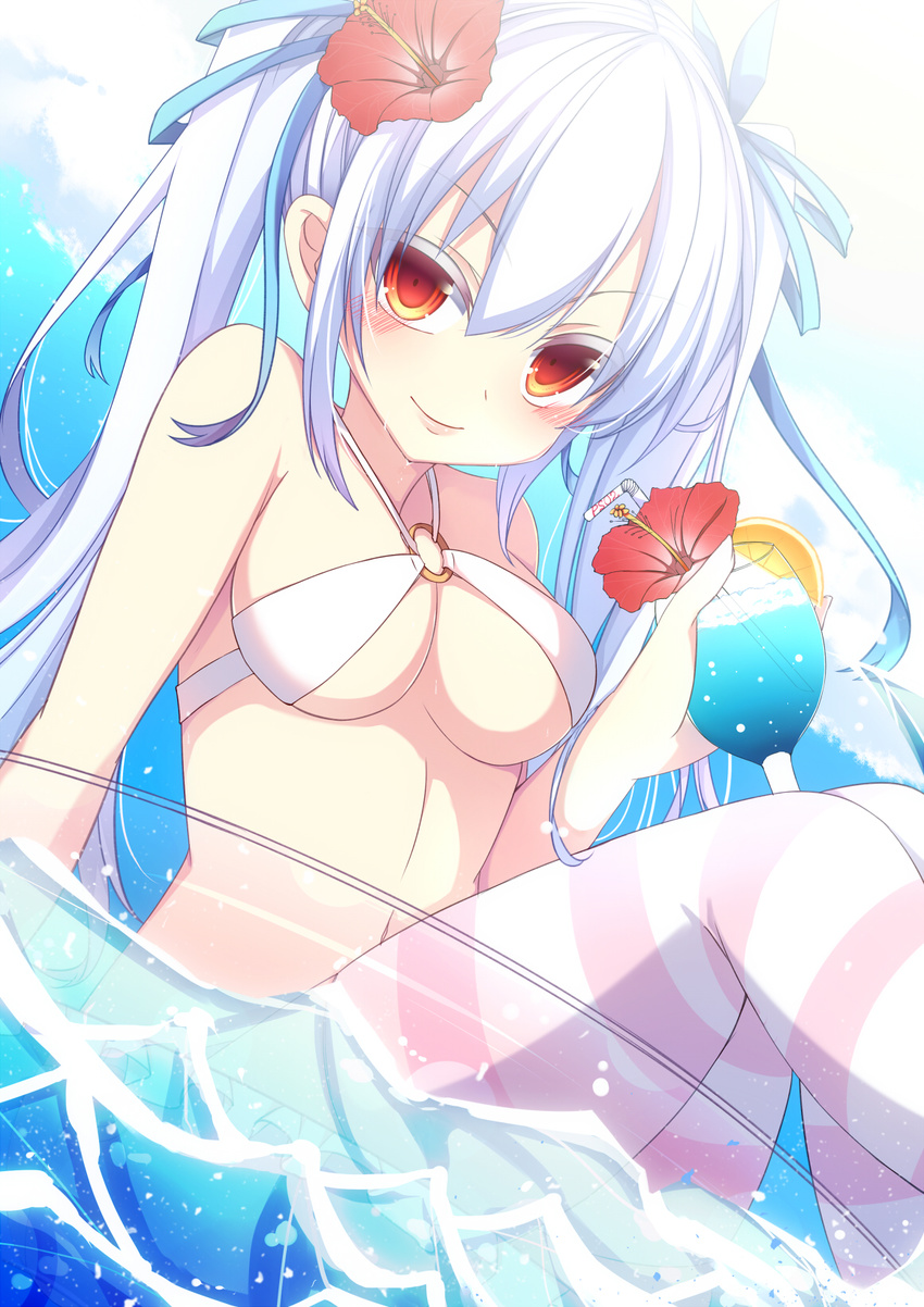 bikini bloodcatblack breasts commentary_request drink female flower hair_flower hair_ornament hibiscus highres long_hair medium_breasts orange_eyes phantasy_star phantasy_star_online_2 smile solo swimsuit twintails water white_hair