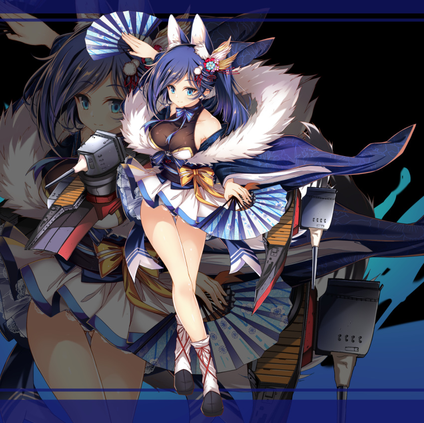 animal_ears ass_visible_through_thighs azur_lane bare_legs blue_eyes blue_hair breasts chinese_commentary commentary_request crossed_legs detached_sleeves female folding_fan full_body hair_ornament hand_fan highres holding holding_fan jianren jintsuu_(azur_lane) jintsuu_(retrofit)_(azur_lane) large_breasts long_hair long_sleeves looking_at_viewer miniskirt obi official_art ribbon sash skirt smile solo standing tail thigh_gap turret white_skirt wide_sleeves zoom_layer