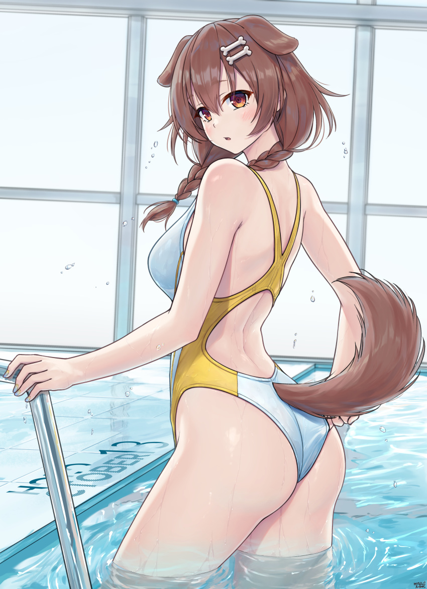 absurdres adjusting_clothes adjusting_swimsuit animal_ears blush bone_hair_ornament braid breasts brown_eyes brown_hair commentary_request competition_swimsuit criss-cross_back-straps dog_ears dog_girl dog_tail double-parted_bangs english_commentary extra_ears female hair_between_eyes hair_ornament hair_over_shoulder hairclip highres hololive indoors inugami_korone large_breasts long_hair looking_at_viewer low_twin_braids median_furrow mixed-language_commentary one-piece_swimsuit open_mouth pool pool_ladder solo swimsuit tail traveler_(artbbt) twin_braids virtual_youtuber water wet white_one-piece_swimsuit