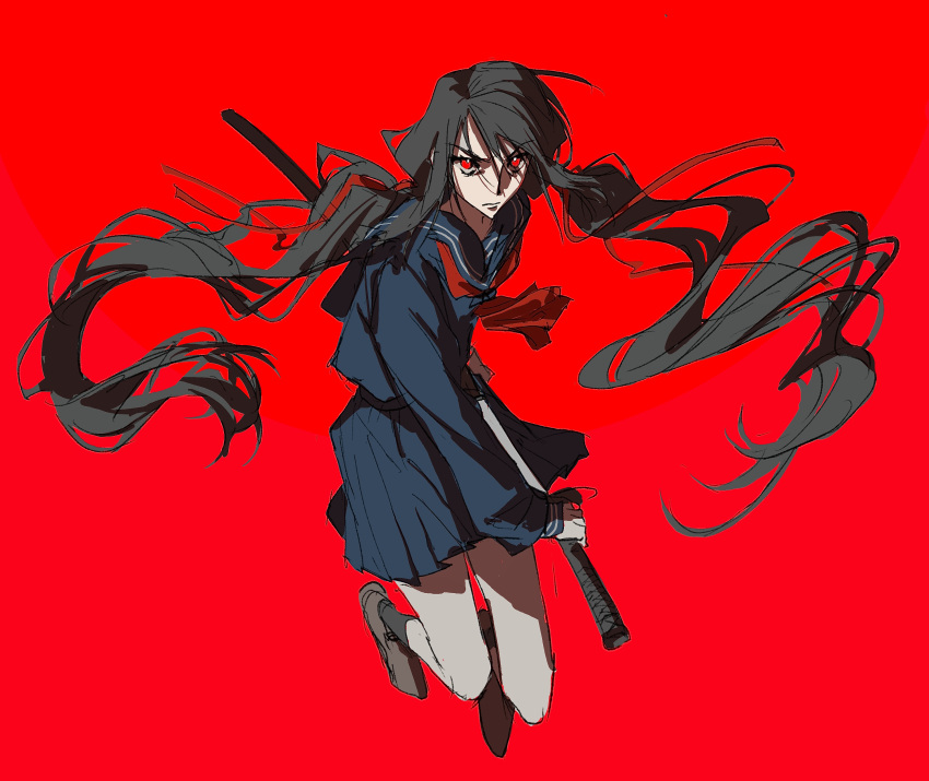 absurdres black_hair black_socks blood-c brown_footwear female highres holding holding_sword holding_weapon icecoldblackfuel kisaragi_saya long_hair red_background red_eyes school_uniform sheath socks solo sword unsheathing very_long_hair weapon