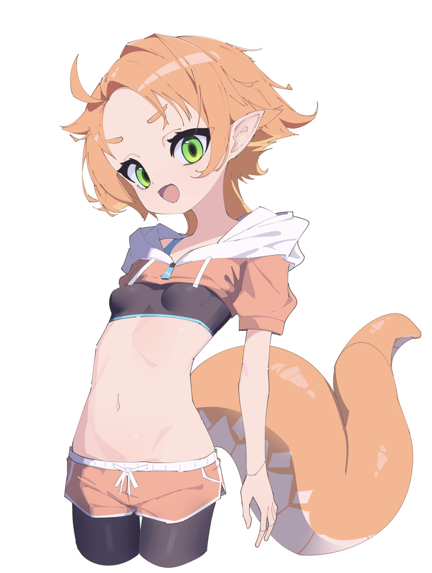 absurdres black_sports_bra borrowed_character breasts cropped_hoodie cropped_legs dolphin_shorts drawstring female green_eyes highres hood hood_down hoodie linea-chan_(owasaki) lizard_tail myakuro navel open_mouth orange_hair orange_tail original pantyhose_under_shorts pointy_ears short_shorts short_sleeves shorts simple_background small_breasts solo sports_bra stomach tail white_background