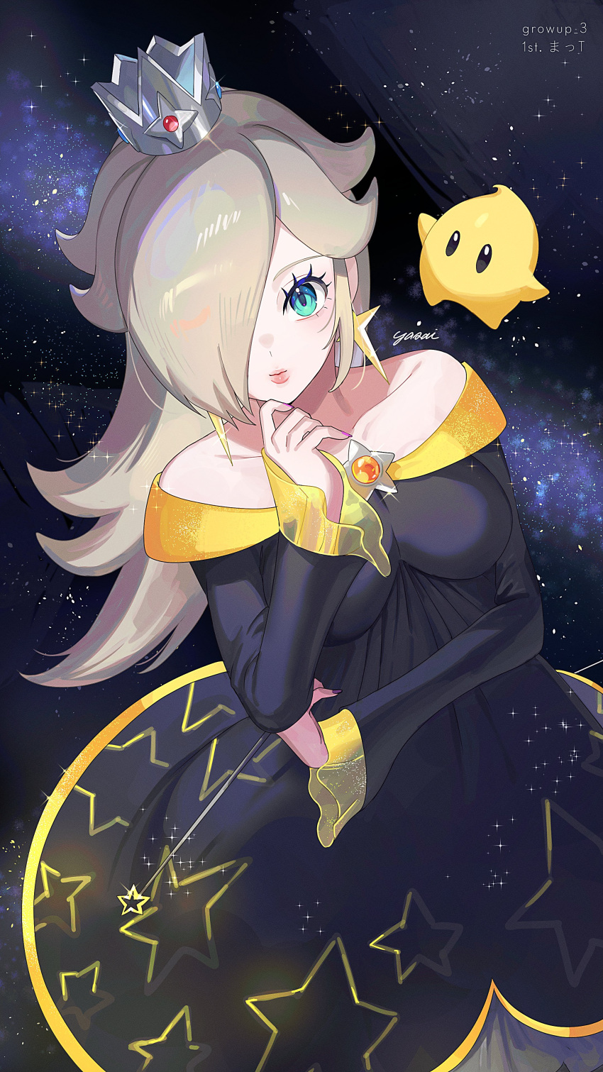 absurdres alternate_color bare_shoulders black_dress blonde_hair blue_eyes breasts collarbone dark_background dress earrings female hair_over_one_eye highres jewelry large_breasts long_hair luma_(mario) mario_(series) rosalina solo_focus star_(symbol) star_earrings yasaikakiage