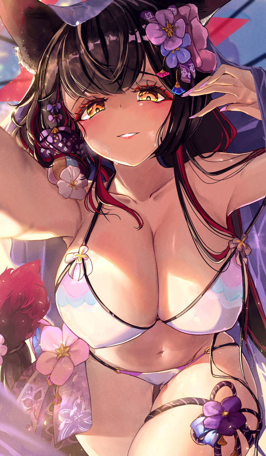 animal_ear_fluff animal_ears arm_up bare_arms bare_shoulders beads bikini black_hair blue_archive blush bow breasts cleavage collarbone commentary_request female flower fox_ears fox_girl fox_tail hair_between_eyes hair_flower hair_ornament halo halterneck highres jewelry jinkou_tenshi large_breasts long_hair looking_at_viewer multicolored_hair navel official_alternate_costume reaching reaching_towards_viewer red_halo ribbon sidelocks smile solo stomach strap_slip string_bikini swimsuit tail thigh_strap thighs very_long_hair wakamo_(blue_archive) wakamo_(swimsuit)_(blue_archive) white_bikini yellow_eyes