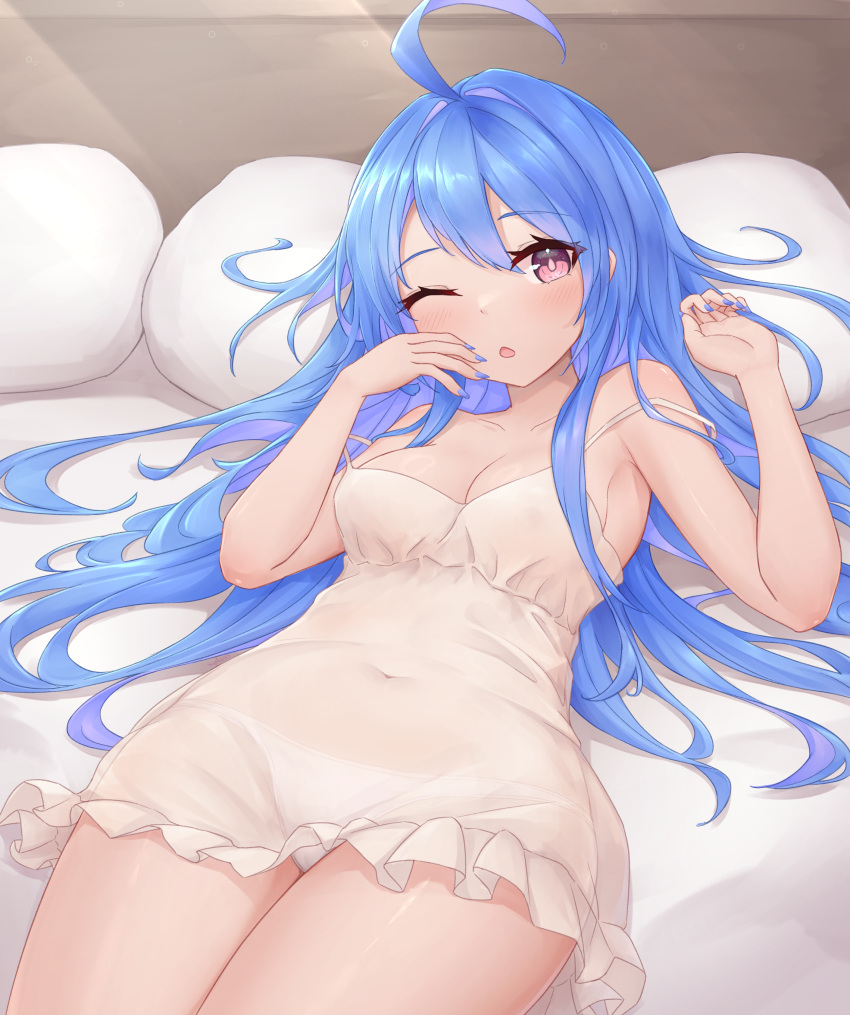 ;o absurdres azur_lane babydoll blue_hair blue_nails blush breasts cleavage english_commentary female hair_between_eyes hands_up helena_(azur_lane) highres hip_focus indoors kyl490 long_hair looking_at_viewer lying medium_breasts messy_hair nail_polish on_back on_bed one_eye_closed panties purple_eyes solo strap_slip thighs underwear very_long_hair waking_up white_panties