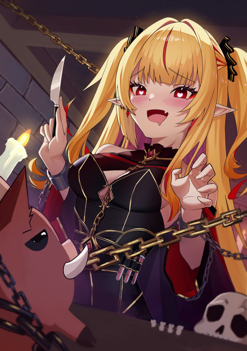 bare_shoulders black_dress black_scrunchie black_sleeves blonde_hair blush boar breasts candle chains claw_pose cleavage cleavage_cutout clothing_cutout colored_inner_hair cuffs detached_sleeves dress drooling earrings eyelashes female gem gold_chain gold_trim hair_ornament hair_scrunchie heart heart-shaped_pupils highres holding holding_knife idol_corp indoors jewelry knife krma large_breasts long_hair long_sleeves mouth_drool multicolored_hair oerba_yun_fang open_mouth orange_hair pointy_ears red_eyes red_gemstone red_hair ruby_runeheart scrunchie shackles skin_fang skull solo streaked_hair symbol-shaped_pupils vial virtual_youtuber wide_sleeves