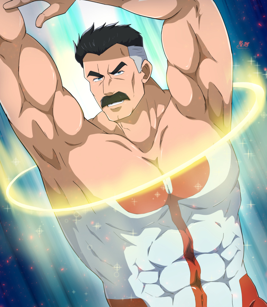 1boy arms_up black_hair blue_eyes cheekbones commentary_request covered_abs english_commentary grey_hair greying_hair henshin highres invincible_(series) looking_at_viewer male_focus mature_male mixed-language_commentary muscular muscular_male omni-man short_hair skin_tight solo sparkle upper_body zeff_ozaki