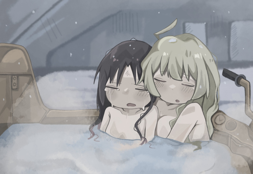 2girls absurdres affectionate ahoge bathing black_hair blonde_hair blush breasts chito_(shoujo_shuumatsu_ryokou) closed_eyes comforting commentary crying facing_ahead hair_down heads_together highres kettenkrad long_hair medium_breasts multiple_girls naaga_sonomono nude open_mouth outdoors partially_submerged sad same-sex_bathing shared_bathing shoujo_shuumatsu_ryokou snow snowing steam tears upper_body water yuuri_(shoujo_shuumatsu_ryokou)