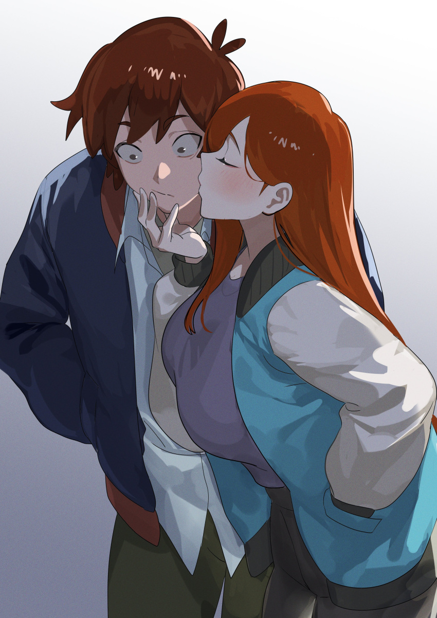 1boy absurdres aged_up alternate_breast_size breasts brown_hair dipper_pines female gravity_falls highres kissing kissing_cheek large_breasts long_hair long_sleeves nia_(nia4294) orange_hair simple_background surprise_kiss surprised wendy_corduroy white_background wide-eyed