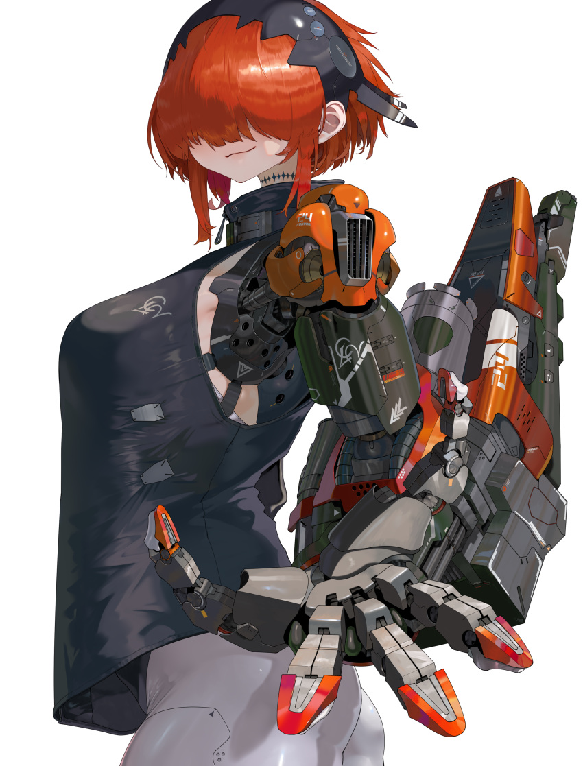 absurdres ass black_shirt closed_mouth cyborg female fewer_digits foreshortening from_side hair_over_eyes headgear highres joints mechanical_arms neck_tattoo original outstretched_hand red_hair shirt sidelocks simple_background solo tattoo white_background yunimaru