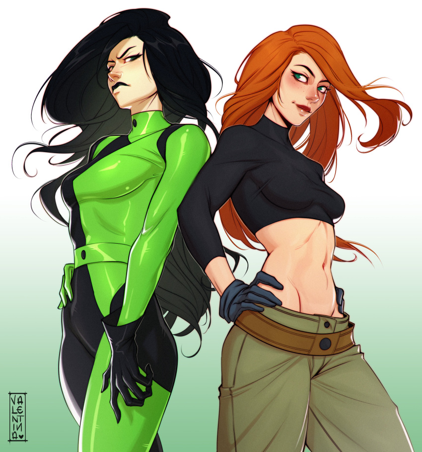 2girls absurdres artist_name baggy_pants black_bodysuit black_gloves black_hair black_shirt bodysuit breasts brown_hair cropped_shirt gloves gradient_background green_background green_bodysuit green_pants hands_on_own_hips highres kim_possible kim_possible_(series) ko-fi_username long_hair medium_breasts midriff multiple_girls navel pants shego shirt two-tone_bodysuit valentina_tavolilla