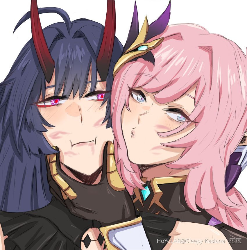 2girls :i absurdres ahoge bare_shoulders blue_hair elysia_(honkai_impact) elysia_(miss_pink_elf)_(honkai_impact) english_commentary hair_intakes hair_ornament highres honkai_(series) honkai_impact_3rd horns lipstick_mark lipstick_mark_on_face long_hair multiple_girls o3o pink_hair portrait purple_eyes raiden_mei raiden_mei_(herrscher_of_thunder) simple_background sleepy_kaslana white_background yuri