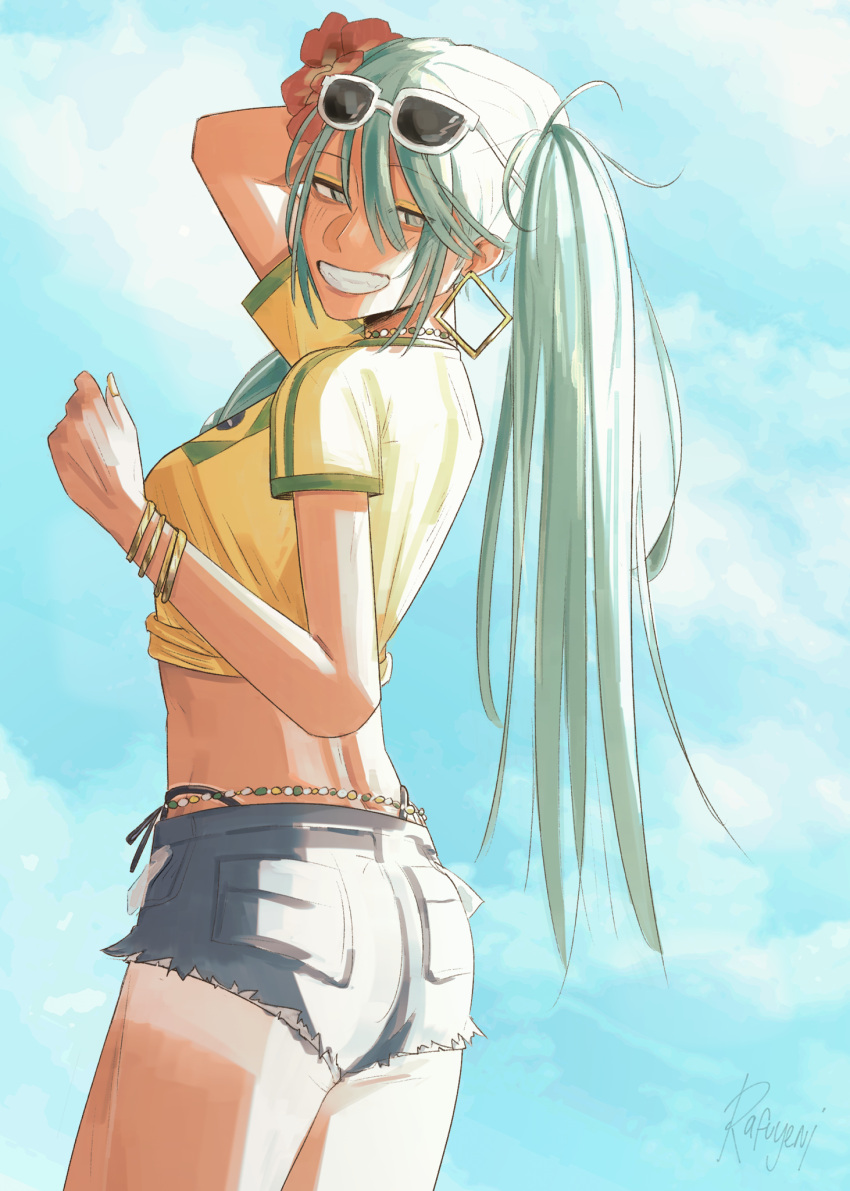 aqua_hair arm_up bead_necklace beads bikini bikini_under_clothes bracelet brazilian_flag_print brazilian_miku clip_studio_paint_(medium) cloud cloudy_sky commentary earrings english_commentary eyewear_on_head female flag_print flower from_behind hair_between_eyes hair_flower hair_ornament hatsune_miku highres jewelry long_hair looking_at_viewer midriff necklace outdoors print_shirt rafuyeni red_flower shirt short_shorts shorts side-tie_bikini_bottom signature sky smile solo standing sunglasses swimsuit teeth twintails vocaloid yellow_shirt