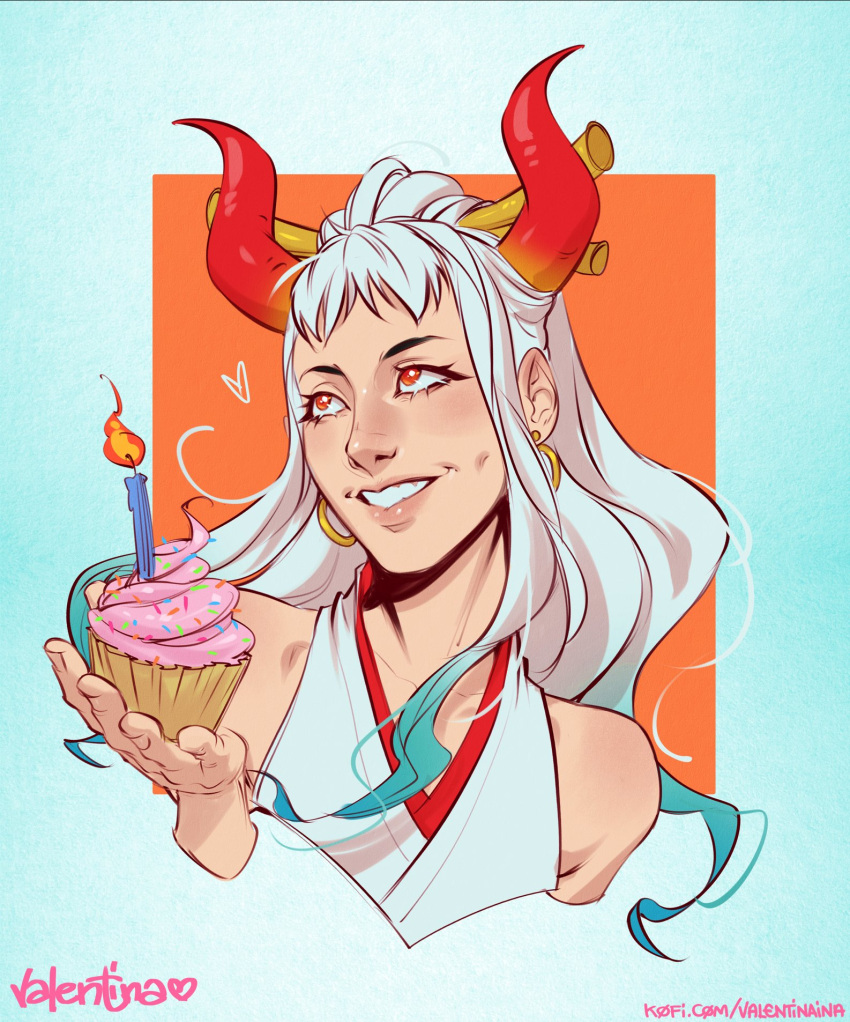 artist_name cake candle cupcake earrings female food grin highres holding holding_cake holding_food horns jewelry ko-fi_username long_hair looking_to_the_side one_piece portrait red_eyes red_horns smile solo valentina_tavolilla web_address white_hair yamato_(one_piece)