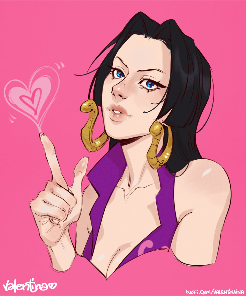 artist_name black_hair blue_eyes boa_hancock brown_hair earrings female heart highres jewelry ko-fi_username long_hair one_piece pink_background portrait simple_background snake_earrings solo valentina_tavolilla web_address