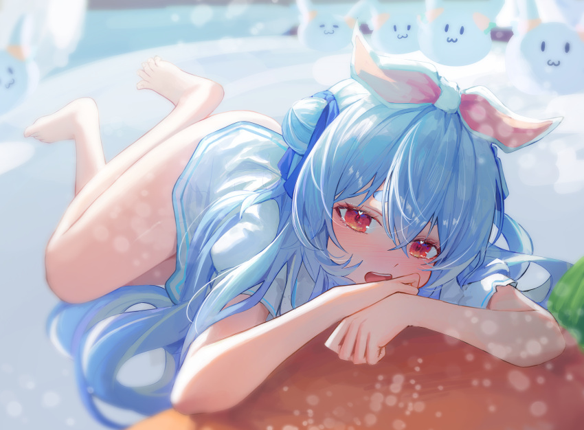 absurdres bare_legs barefoot bed_sheet blue_hair blush commentary double-parted_bangs double_bun dress full_body hair_between_eyes hair_bun hair_ribbon heart heart_in_eye highres hikimayu hololive kaze_22 korean_commentary long_hair looking_at_viewer lying multicolored_hair nose_blush official_alternate_costume open_mouth pekomon_(usada_pekora) pleated_dress red_eyes ribbon short_dress short_eyebrows short_sleeves side_up_bun streaked_hair symbol_in_eye teeth thick_eyebrows upper_teeth_only usada_pekora usada_pekora_(casual) virtual_youtuber white_dress white_hair