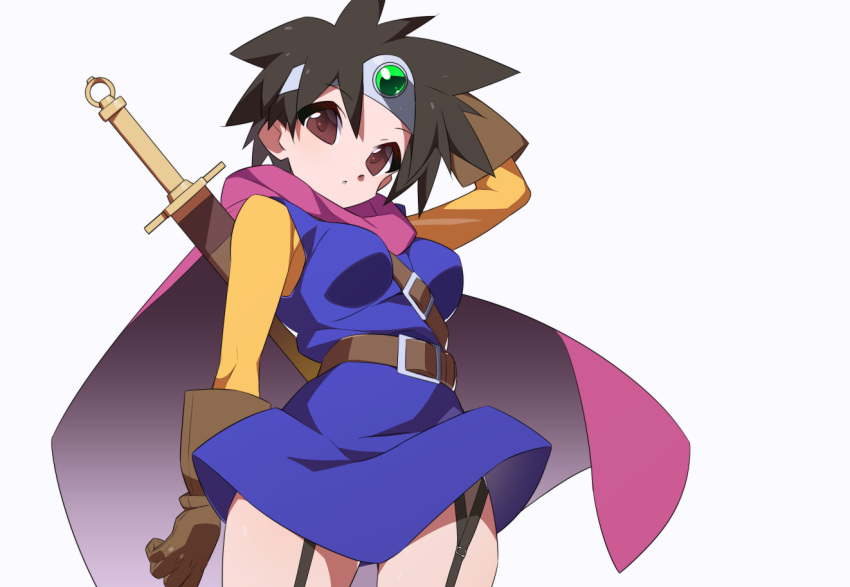 black_hair blue_dress breasts brown_gloves cape cowboy_shot dragon_quest dragon_quest_iii dress female garter_straps gloves heroine_(dq3) kaidou_zx medium_breasts purple_cape roto_(dq3) shirt short_hair simple_background solo sword sword_on_back tiara weapon weapon_on_back white_background yellow_shirt