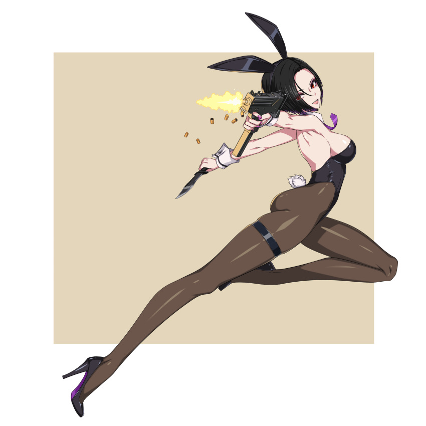 :d absurdres animal_ears black_hair breasts detached_collar fake_animal_ears female firing full_body gun hair_over_one_eye high_heels highleg highleg_leotard highres holding holding_gun holding_knife holding_weapon knife leotard mac-10/11 medium_breasts nail_polish necktie original pantyhose playboy_bunny purple_necktie rabbit_ears rabbit_tail red_eyes shell_casing short_hair smile solo submachine_gun tail tanke_laide thigh_strap two-tone_background weapon wrist_cuffs