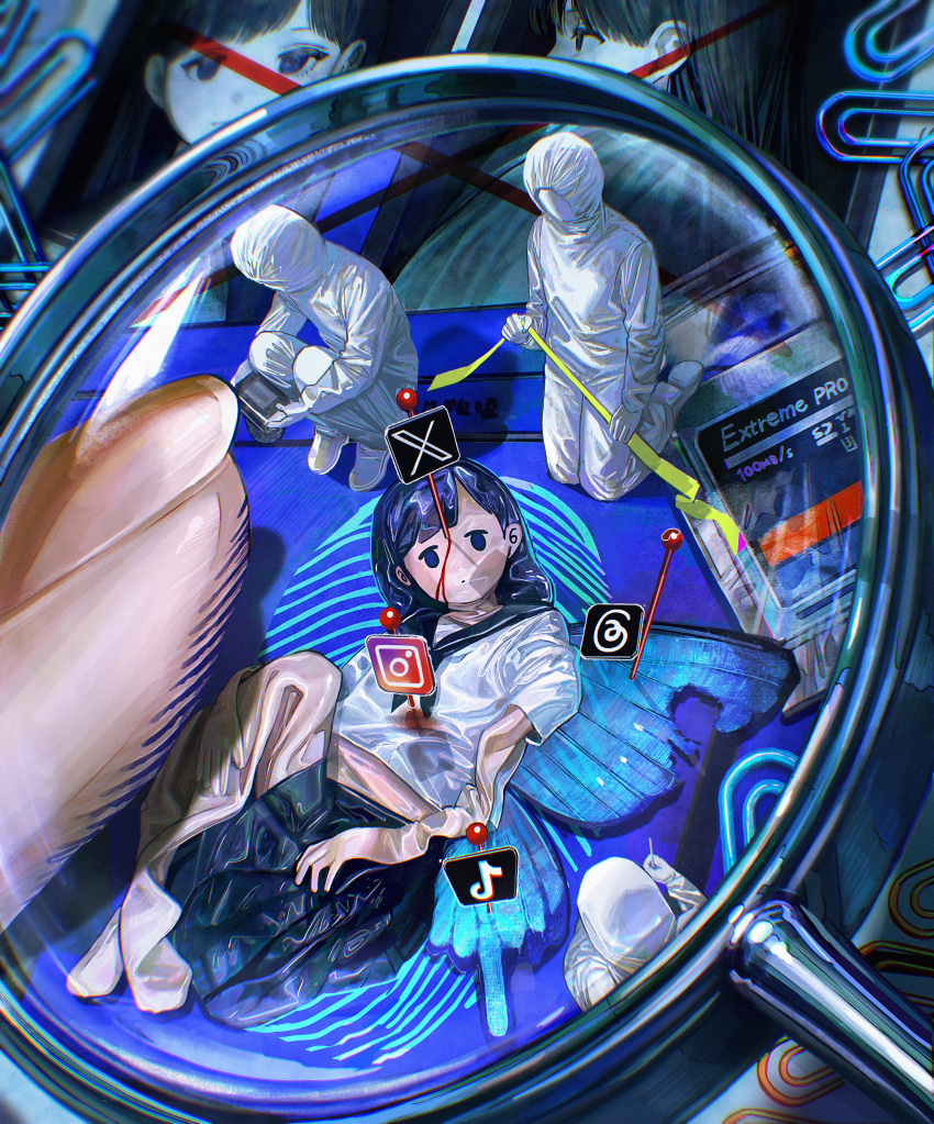 3others absurdres blood blue_wings bluesky butterfly_wings commentary female fingerprint flattened highres horror_(theme) ikuta41 insect_wings instagram logo magnifying_glass multiple_others original paperclip school_uniform sd_card serafuku surreal symbol-only_commentary threads_(website) tiktok twitter wings