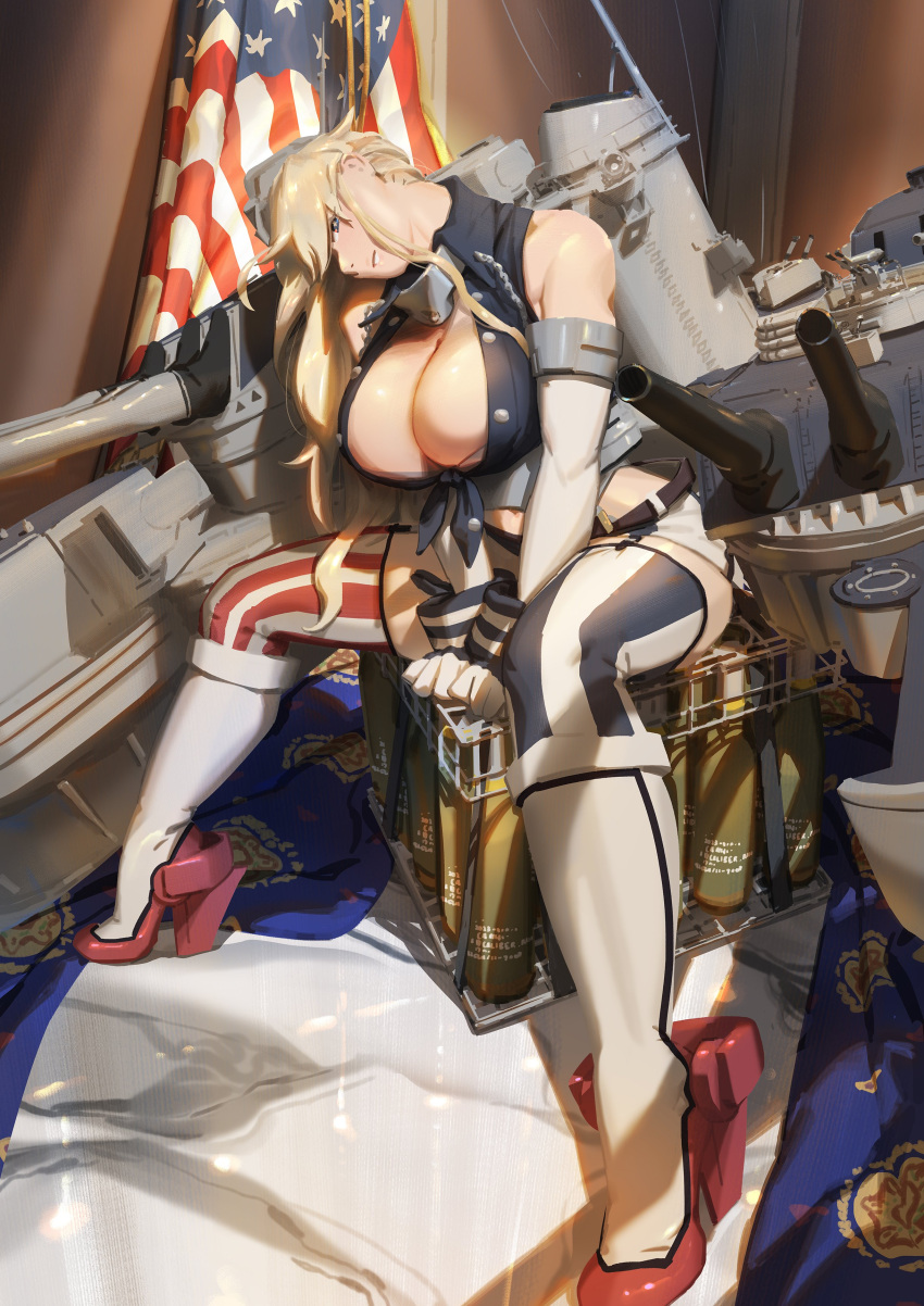 absurdres american_flag ammunition anti-aircraft_gun autocannon blonde_hair blue_eyes breasts cannon cleavage elbow_gloves female fingerless_gloves gloves hair_between_eyes hat headgear highres iowa_(kancolle) kantai_collection large_breasts long_hair machinery marble_(stone) marble_floor open_mouth rigging sitting skirt star-shaped_pupils star_(symbol) symbol-shaped_pupils thighhighs torpedo_launcher torpedo_tubes turret ye_fan