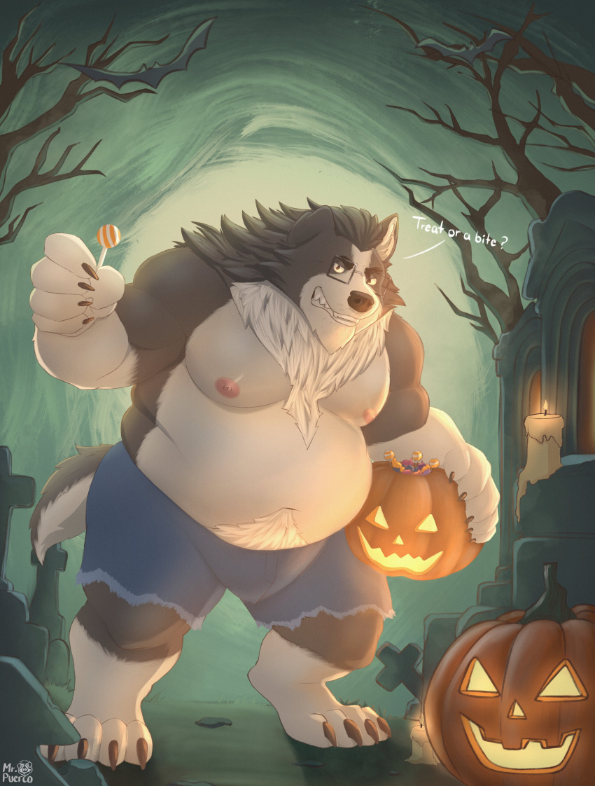 absurd_res anthro belly border_collie bottomwear candle candy canid canine canis cemetery claws clothing collie dessert domestic_dog eyewear food fruit glasses halloween herding_dog hi_res holidays jack-o'-lantern male mammal mr.puerco mythological_canine mythological_creature mythology nipples overweight overweight_anthro overweight_male pastoral_dog plant pumpkin sheepdog shorts solo tail trick-or-treating werecanid werecanine werecreature weredog