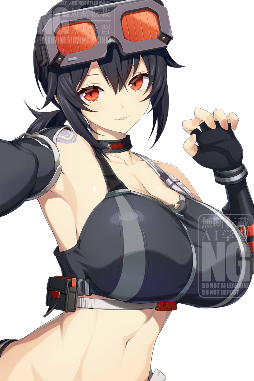 asamura_hiori black_gloves black_hair black_jacket breasts brown_eyes caesar_king_(zenless_zone_zero) cleavage closed_mouth crop_top female fingerless_gloves fur-trimmed_jacket fur_trim gloves goggles goggles_on_head grace_howard green_hair hair_between_eyes hand_on_own_hip highres jacket large_breasts long_hair looking_at_viewer navel ponytail sample_watermark sidelocks simple_background smile solo upper_body watermark white_background zenless_zone_zero